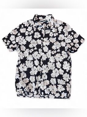 Perry Ellis Black Button-Down Shirt with White Floral Pattern